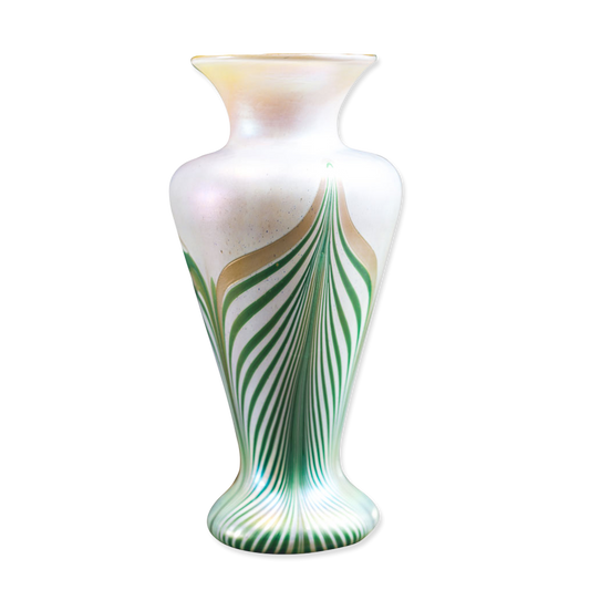 Decorative vase with green and gold patterns on a white background