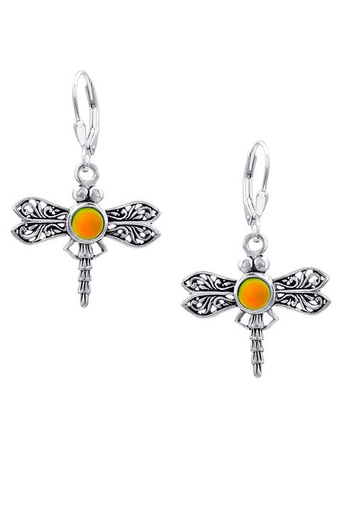 Sterling Silver Dragonfly Earrings with Crystals - Fire
