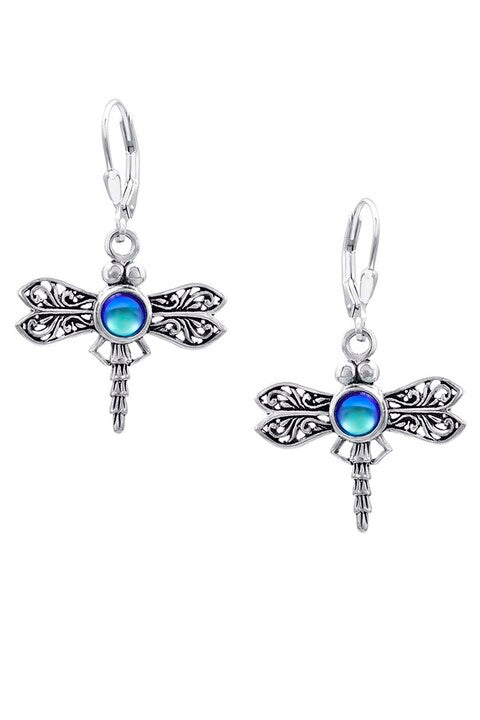 Sterling Silver Dragonfly Earrings with Crystals - Blue