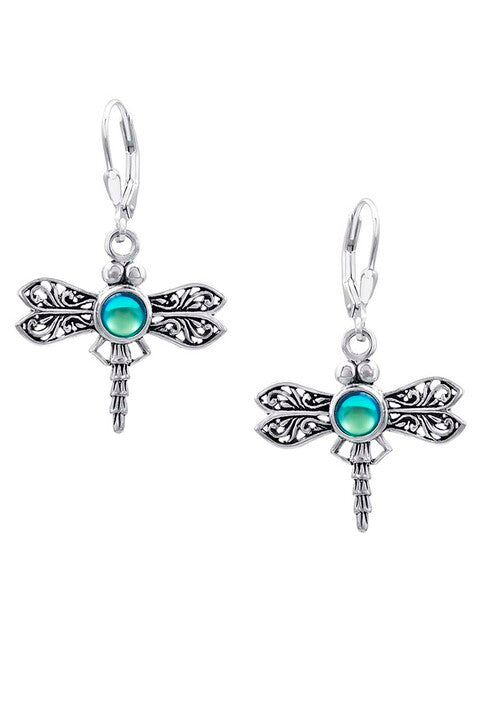 Sterling Silver Dragonfly Earrings with Crystals - Green