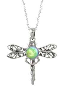 Sterling Silver Dragonfly Pendant with Crystal - Green