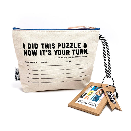 Wooden Puzzle in Pass-It-On Pouch: Vintage Cassette Tapes