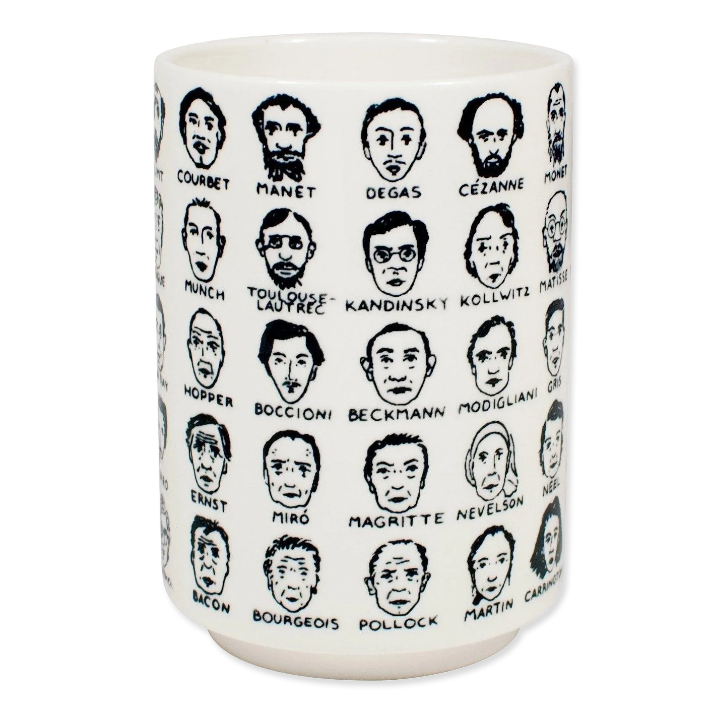 Ceramic mug with black and white illustrations of famous artists' faces on a white background