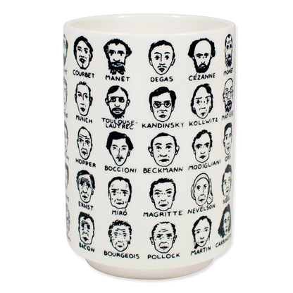 Ceramic mug with black and white illustrations of famous artists' faces on a white background