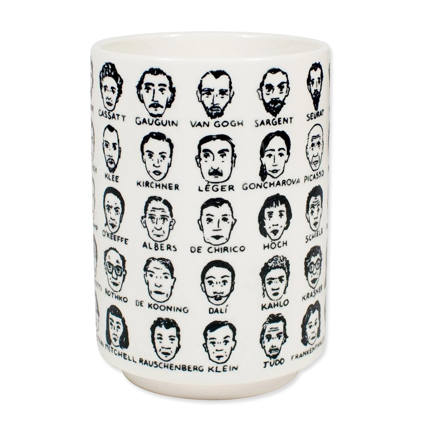 Ceramic mug with black and white portraits of famous artists on a white background