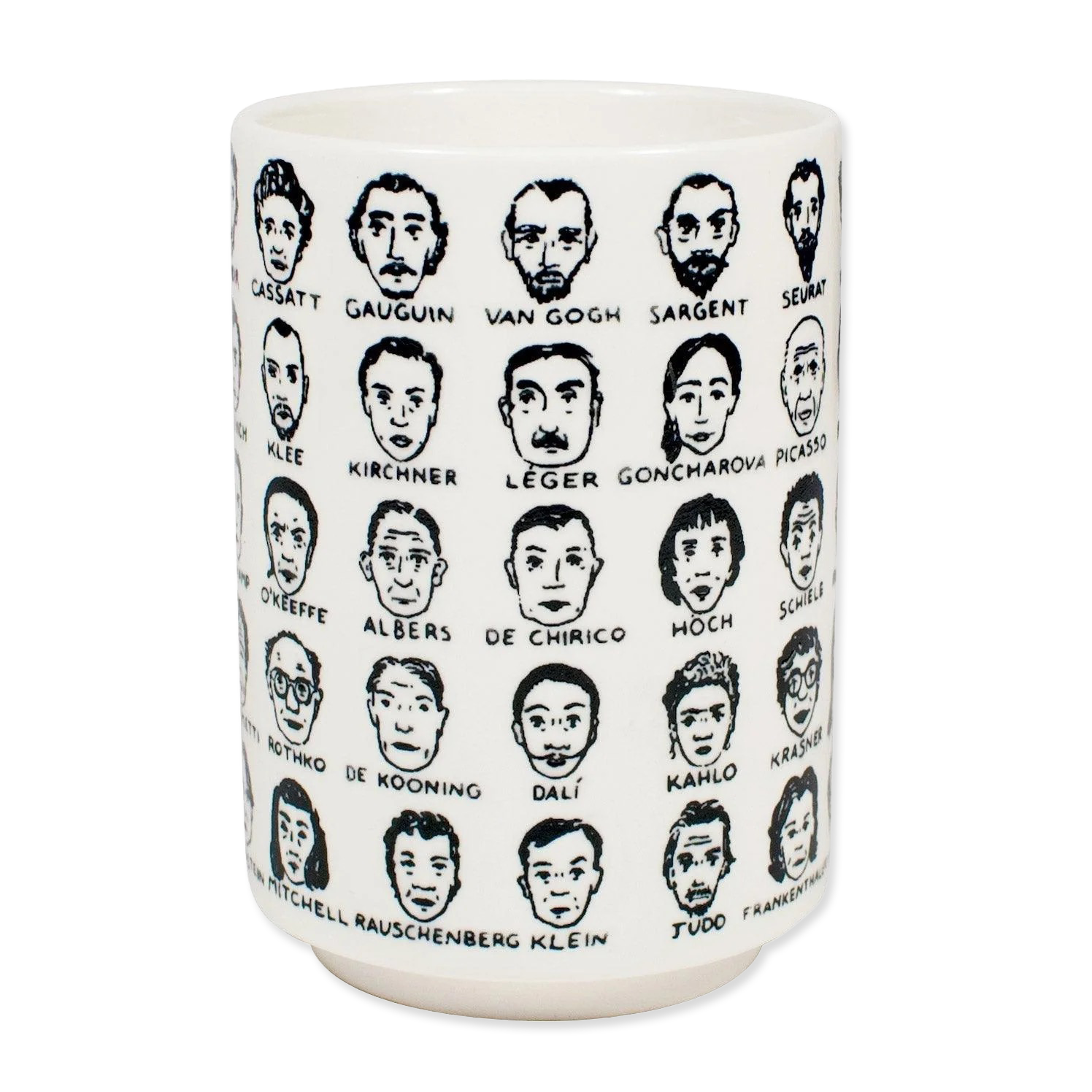 Ceramic mug with black and white portraits of famous artists on a white background