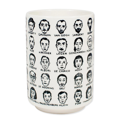 Ceramic mug with black and white portraits of famous artists on a white background