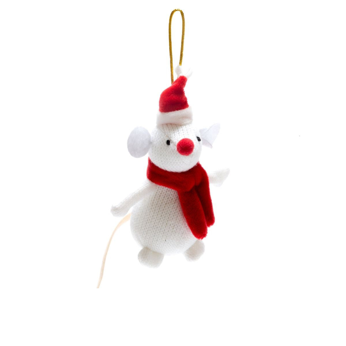 Gestricktes Ornament: Weiße Maus mit Mütze und Schal
