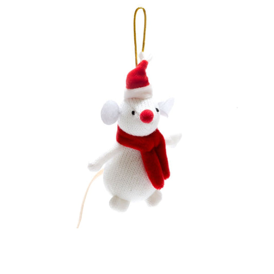 Gestricktes Ornament: Weiße Maus mit Mütze und Schal
