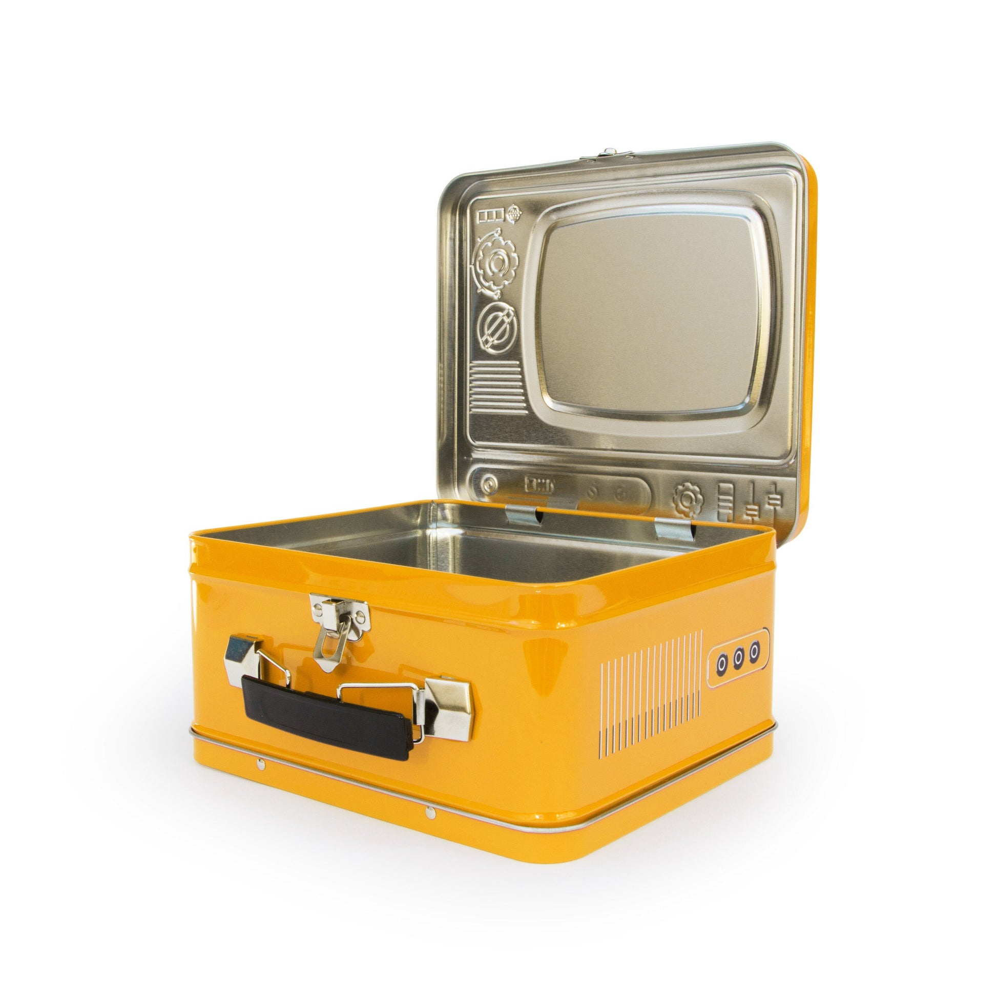 Yellow vintage-style lunchbox with a small screen on a white background