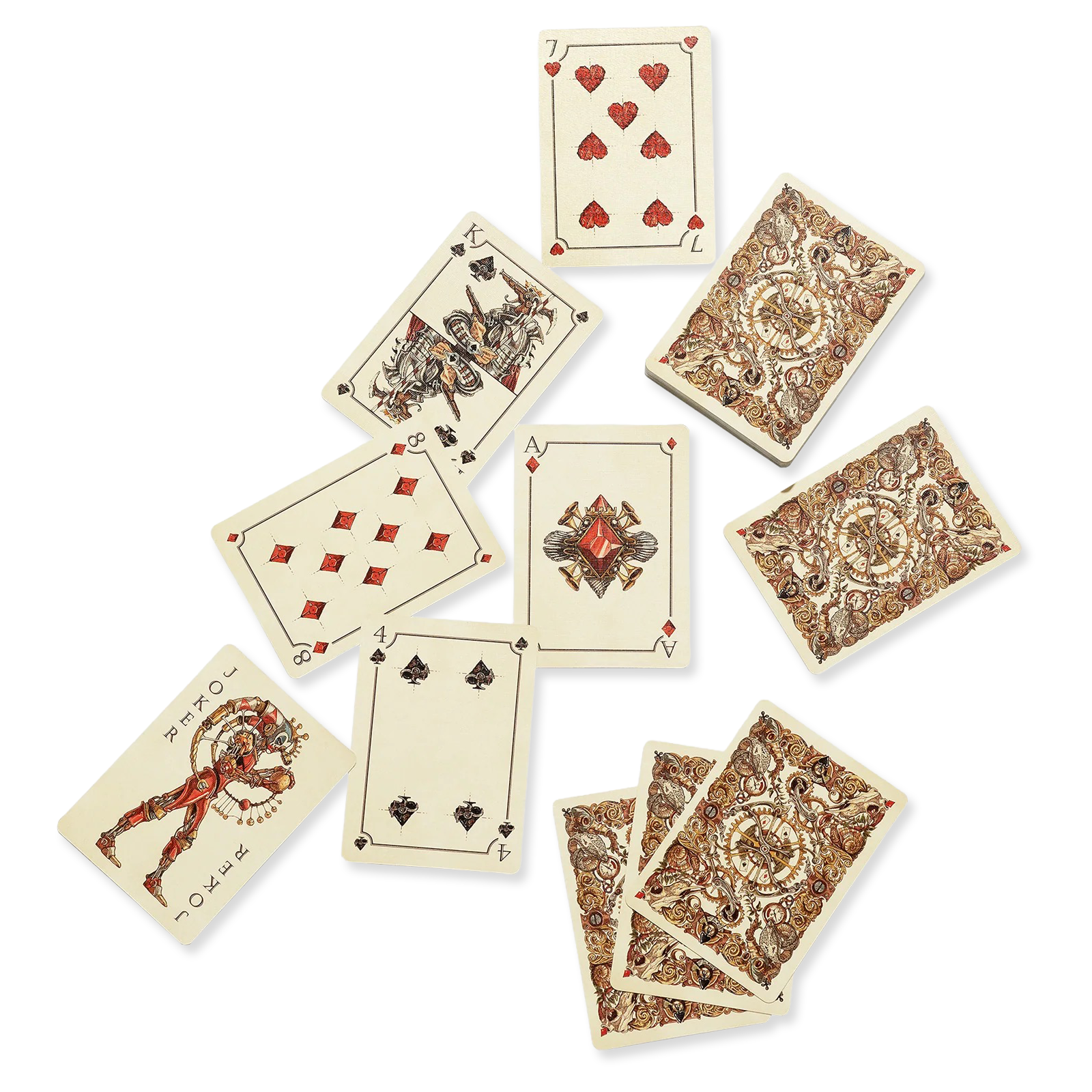 Set of playing cards with intricate designs on a white background