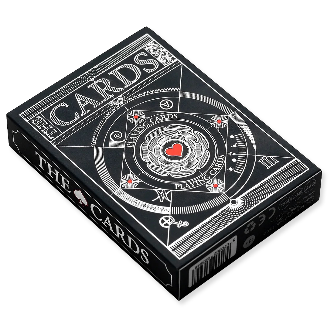 Black playing card box with white designs and text on a white background