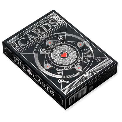 Black playing card box with white designs and text on a white background