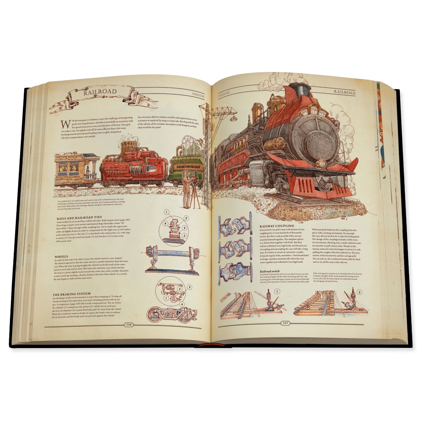 Open book with illustrations of trains and railway equipment on a white background