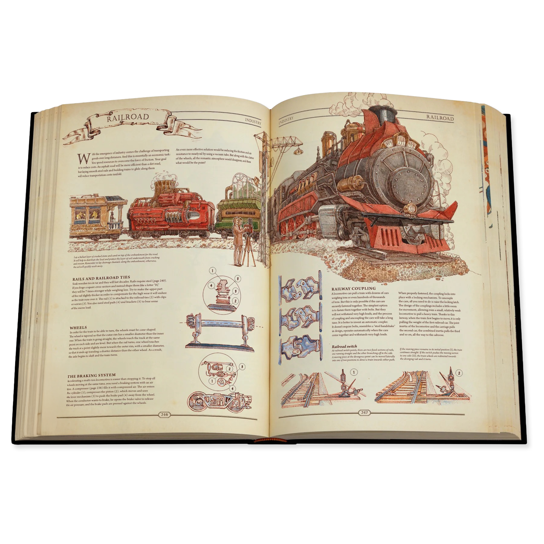 Open book with illustrations of trains and railway equipment on a white background