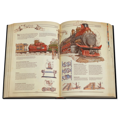 Open book with illustrations of trains and railway equipment on a white background