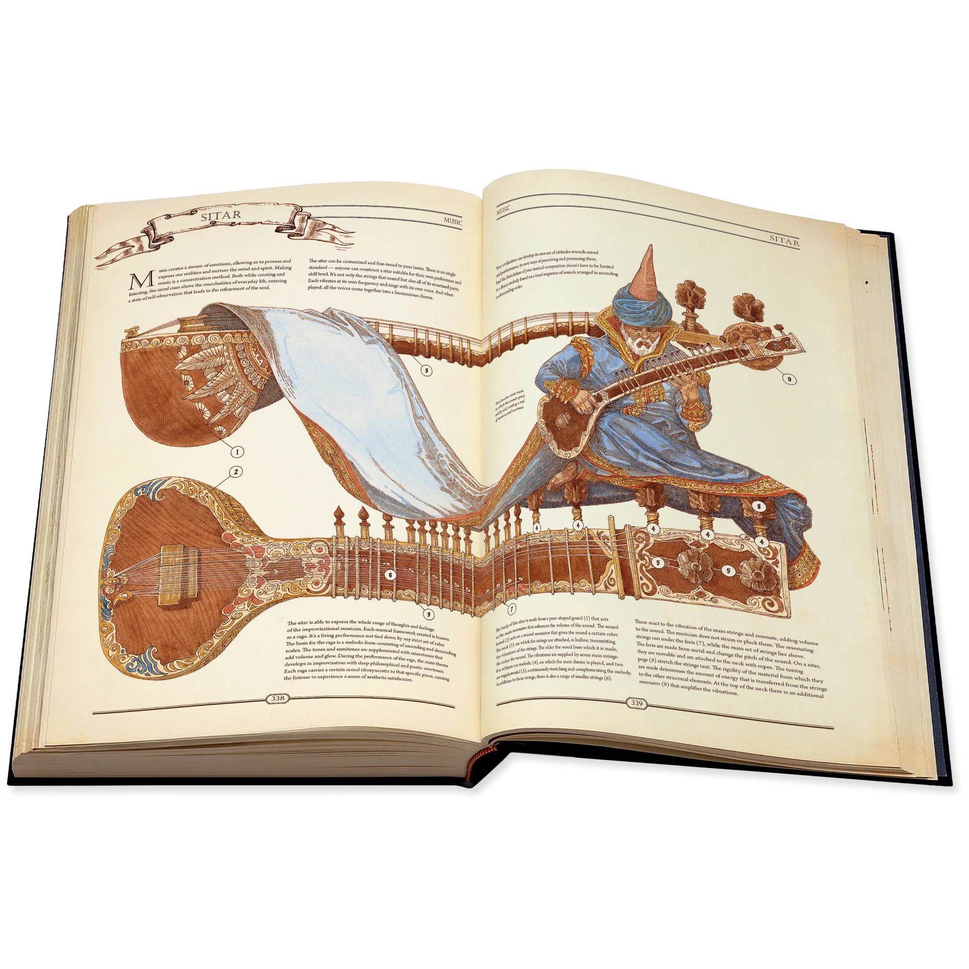 Open book with detailed illustrations of musical instruments on a white background