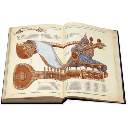 Open book with detailed illustrations of musical instruments on a white background