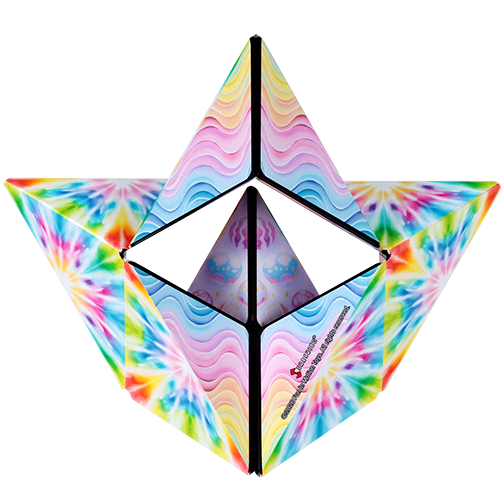 Colorful geometric pyramid toy with tie-dye pattern on a white background