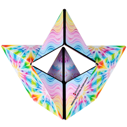 Colorful geometric pyramid toy with tie-dye pattern on a white background