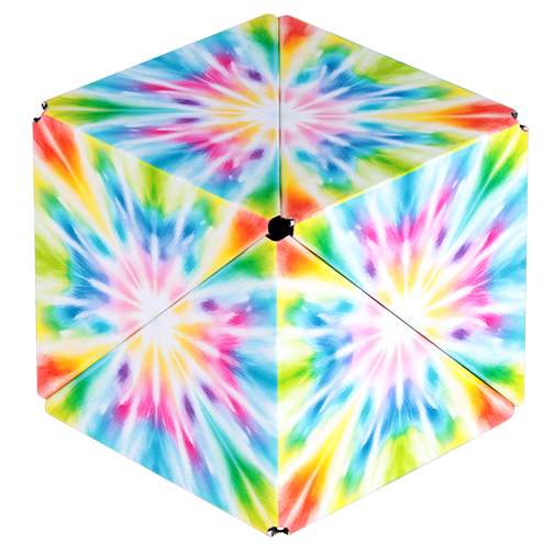 Colorful tie-dye hexagonal toy on a white background