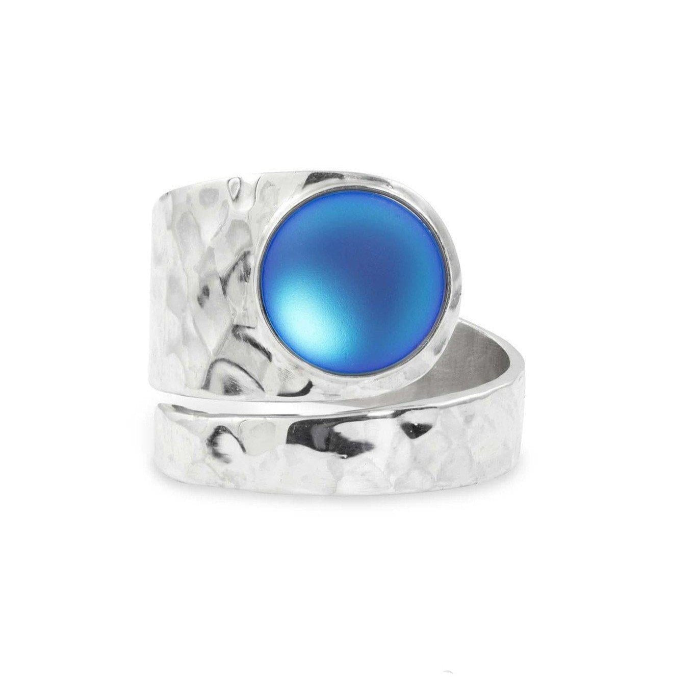 Sterling Silver Hammered Circle Adjustable Ring with Frosted Blue Crystal by Leightworks - Chrysler Museum Shop