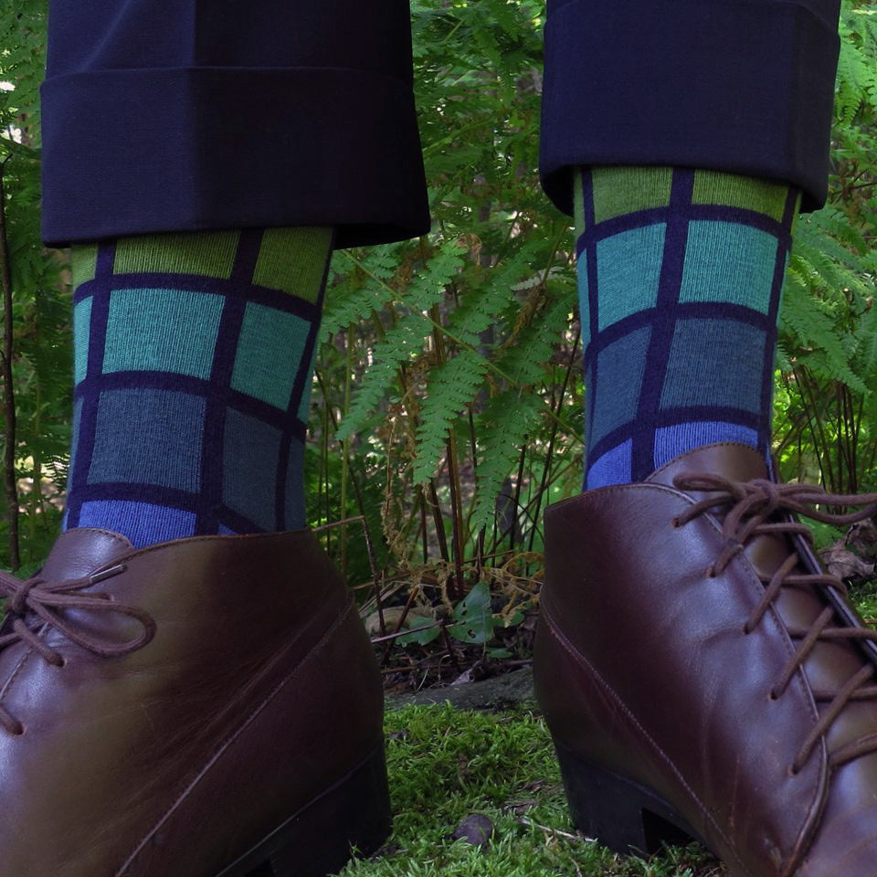 Person wearing brown shoes and colorful checkered socks standing in a natural setting.