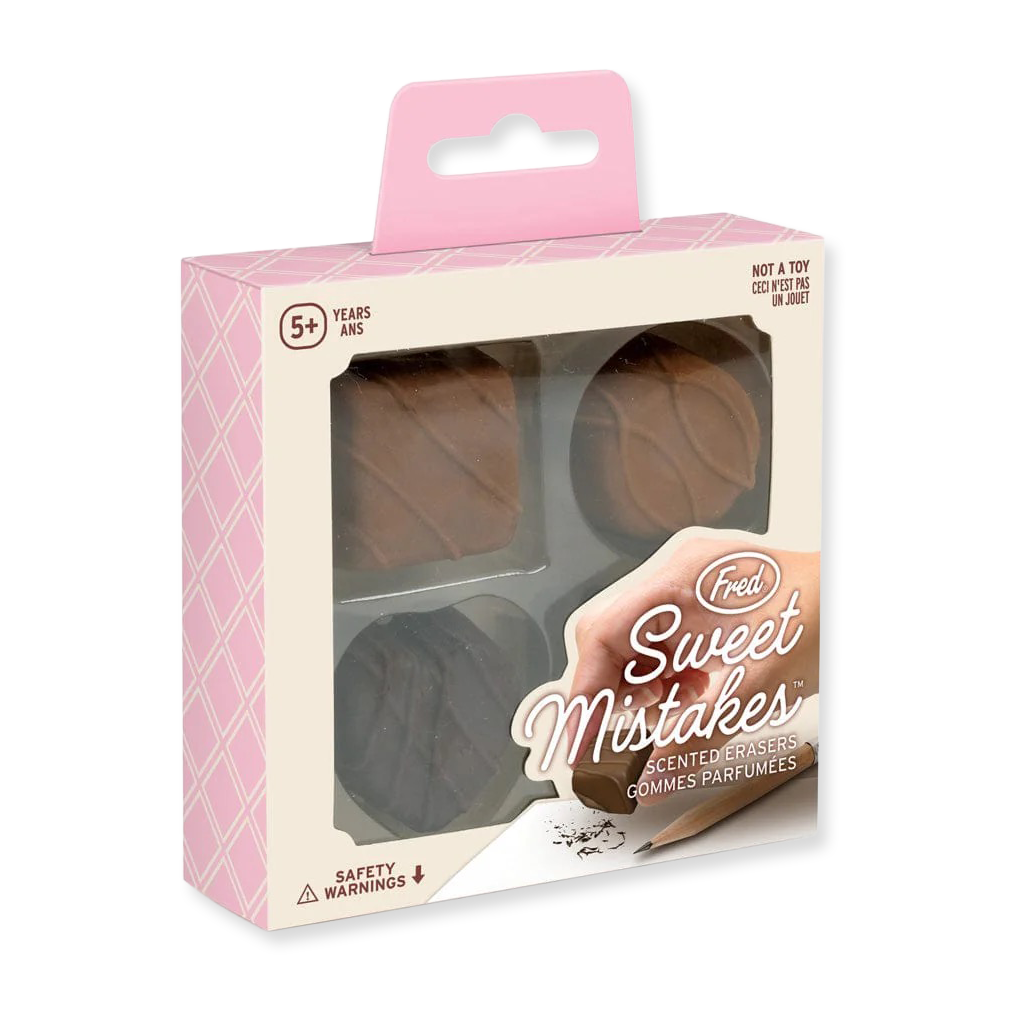 Box of 'Sweet Mistakes' scented erasers with pink and beige design.