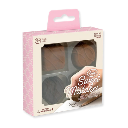Box of 'Sweet Mistakes' scented erasers with pink and beige design.