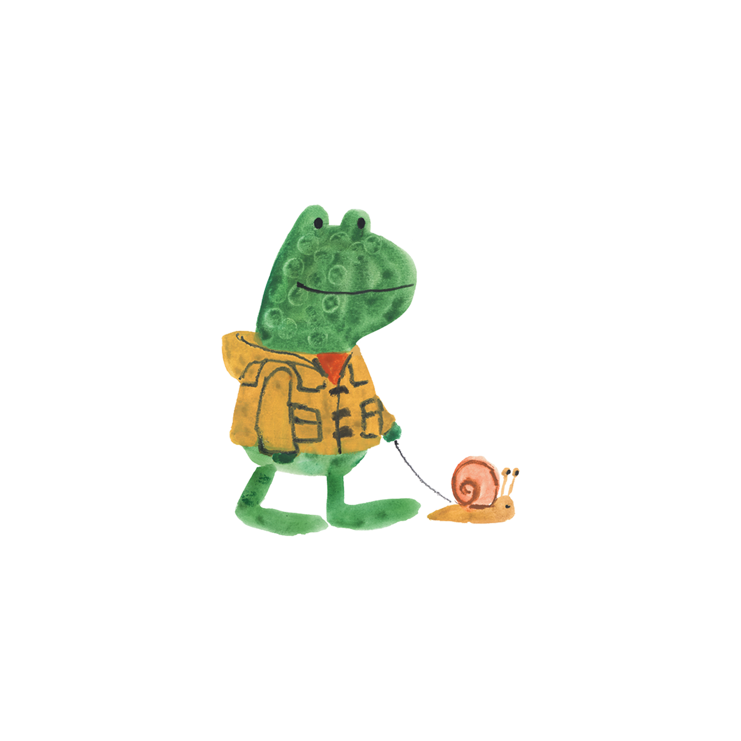 Cartoon of a green frog wearing a yellow raincoat, walking a pet snail on a leash.