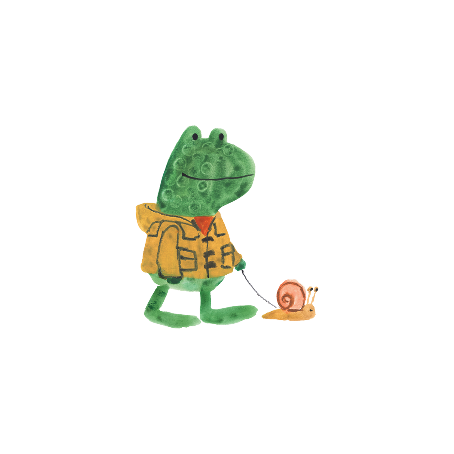 Cartoon of a green frog wearing a yellow raincoat, walking a pet snail on a leash.