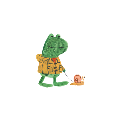 Cartoon of a green frog wearing a yellow raincoat, walking a pet snail on a leash.