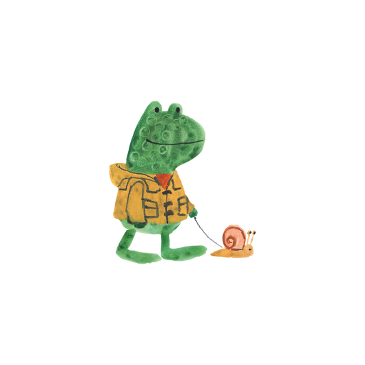 Cartoon of a green frog wearing a yellow raincoat, walking a pet snail on a leash.