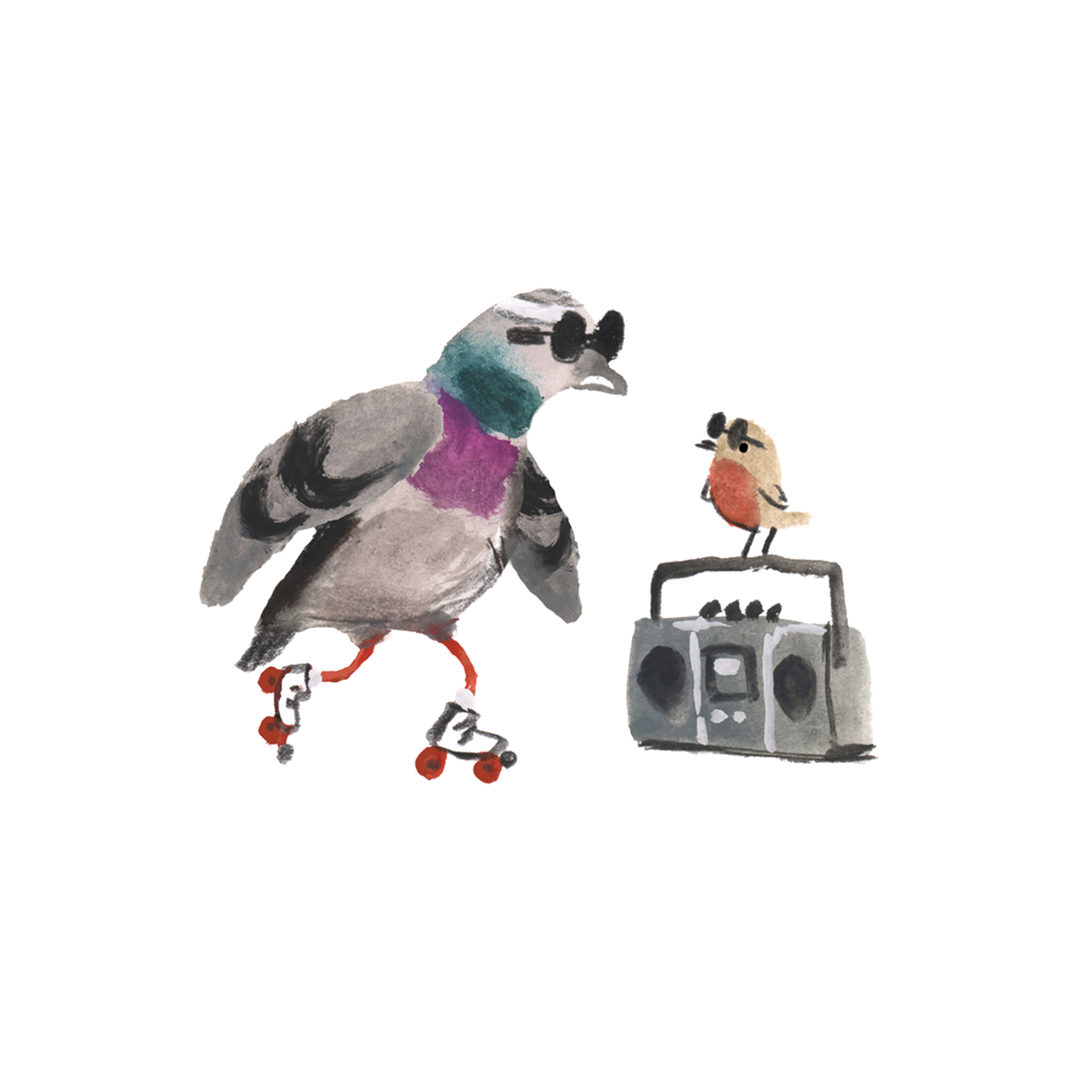 Illustration of a large bird with sunglasses and a small bird on a boombox against a white background