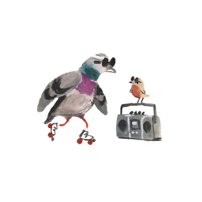 Illustration of a large bird with sunglasses and a small bird on a boombox against a white background