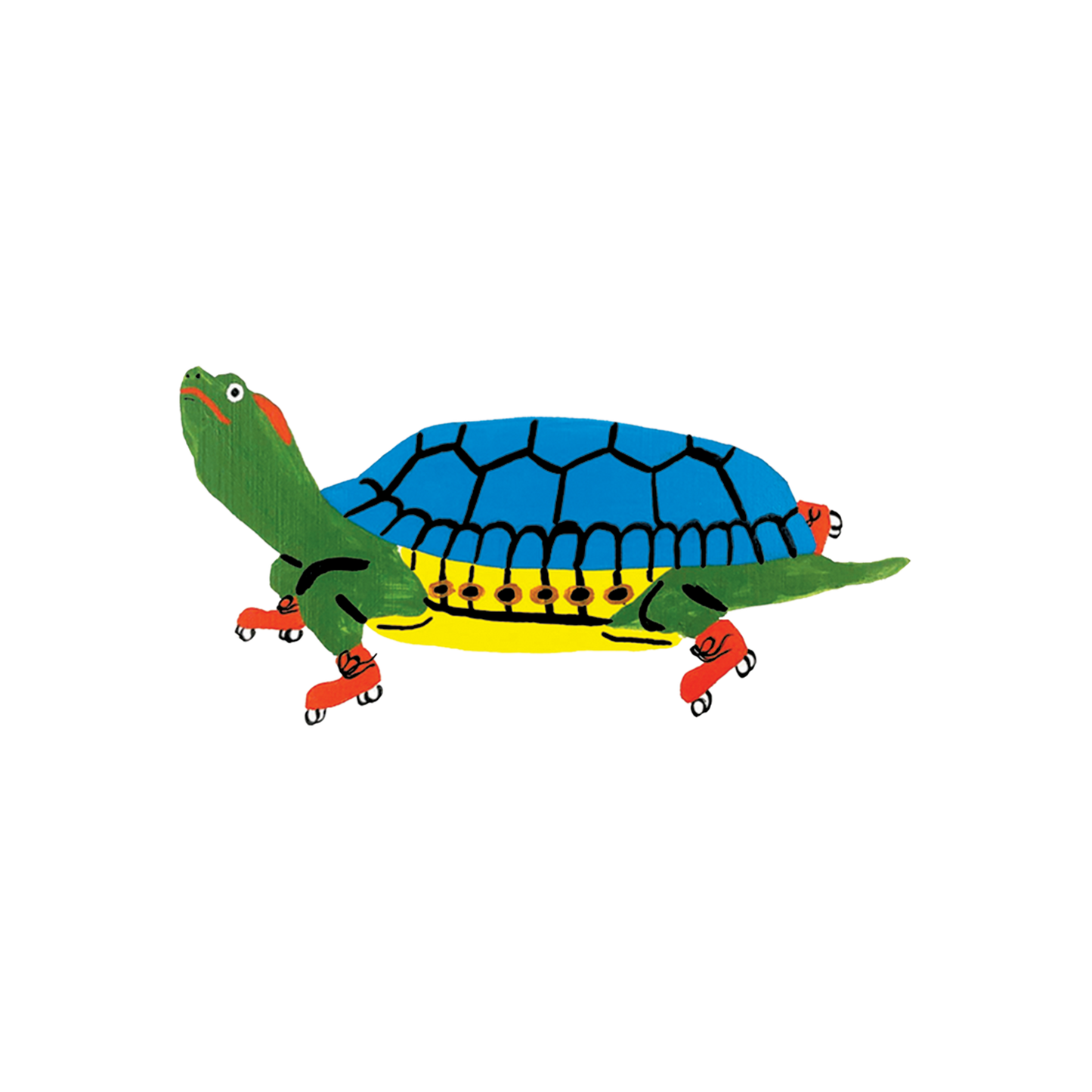 Colorful cartoon turtle on roller skates with a blue shell
