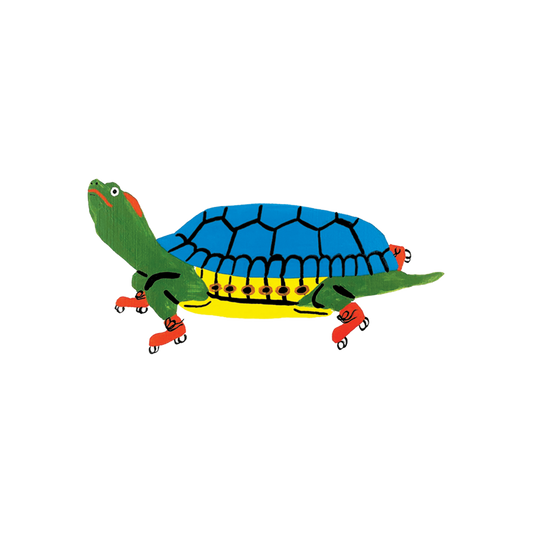 Colorful cartoon turtle on roller skates with a blue shell