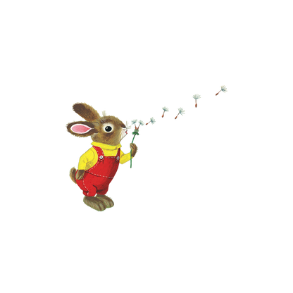 Illustration of a rabbit character holding a dandelion with seeds blowing away on a white background.