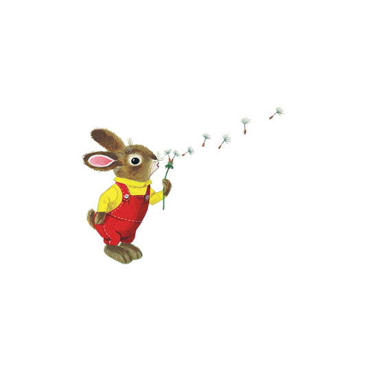 Illustration of a rabbit character holding a dandelion with seeds blowing away on a white background.