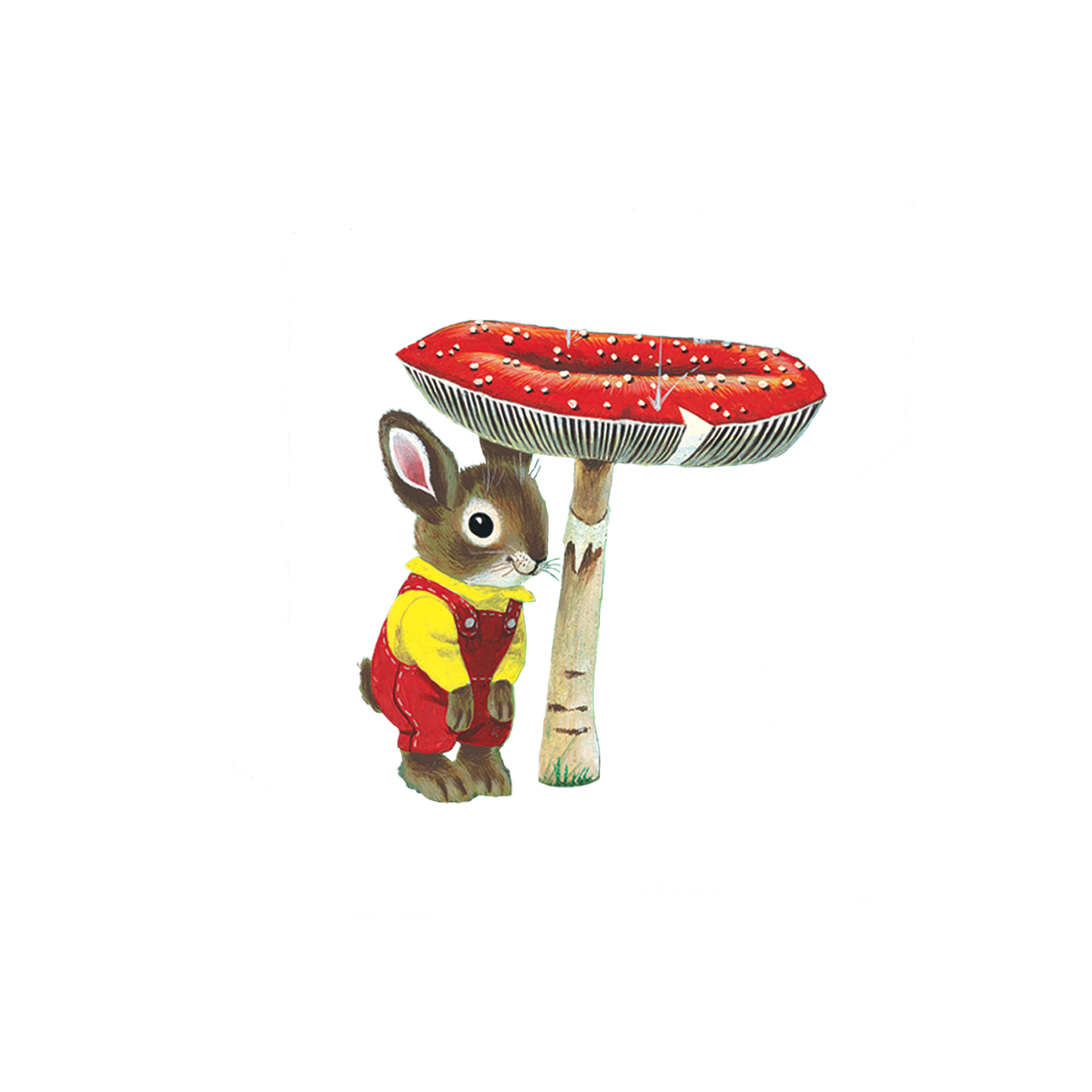 Decorative illustration of a rabbit in a red and yellow outfit standing under a red-capped toadstool on a white background