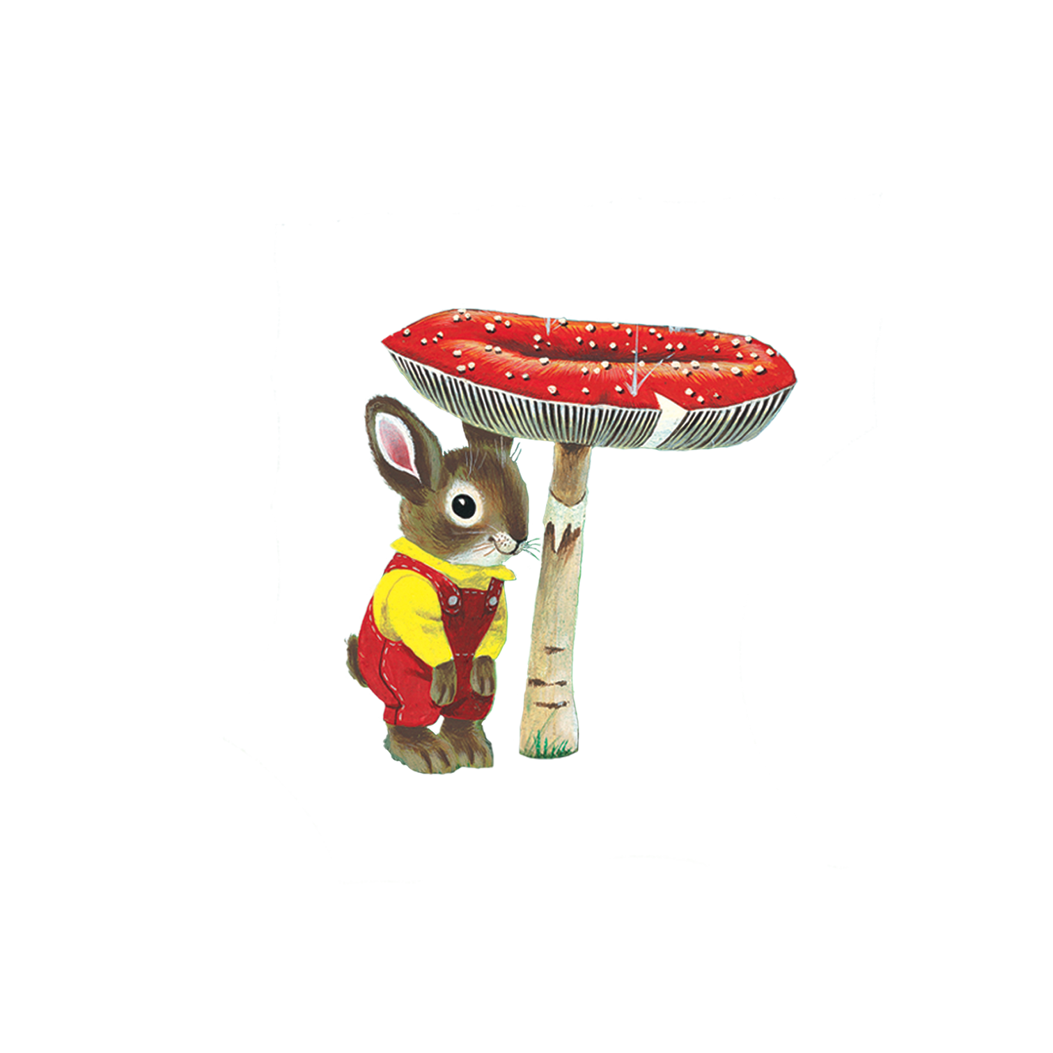 Decorative illustration of a rabbit in a red and yellow outfit standing under a red-capped toadstool on a white background