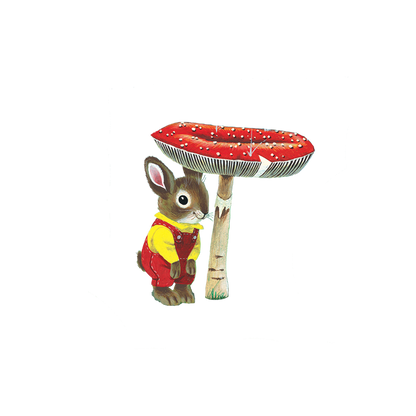 Decorative illustration of a rabbit in a red and yellow outfit standing under a red-capped toadstool on a white background