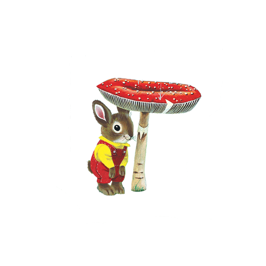 Decorative illustration of a rabbit in a red and yellow outfit standing under a red-capped toadstool on a white background