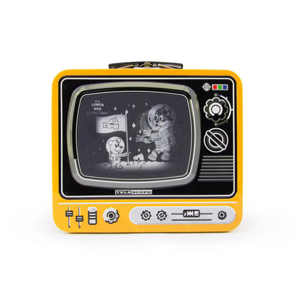 Vintage-style toy television lunchbox with yellow casing on a white background