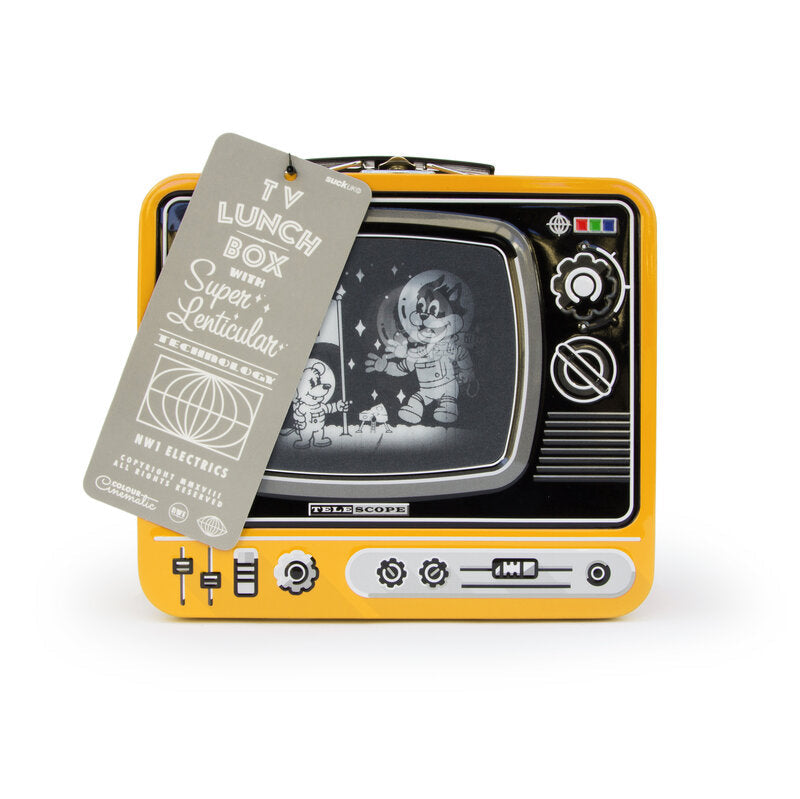 Vintage-style toy television lunchbox with a card on a white background