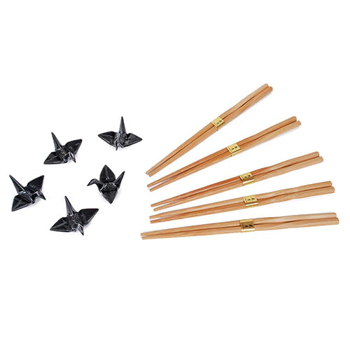 Bamboo Chopsticks with Black Crane Rests / Set of 5