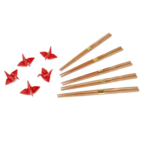 Bamboo Chopsticks with Red Crane Rests / Set of 5