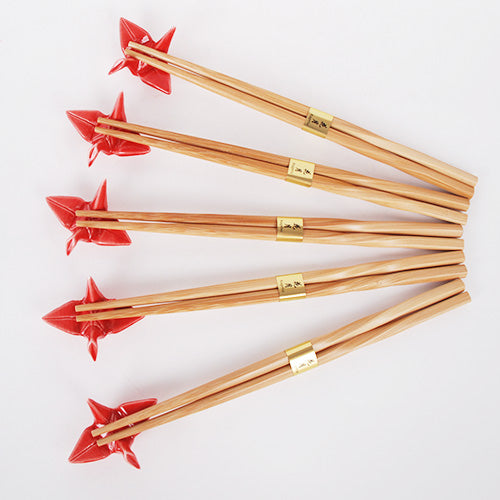 Bamboo Chopsticks with Red Crane Rests / Set of 5