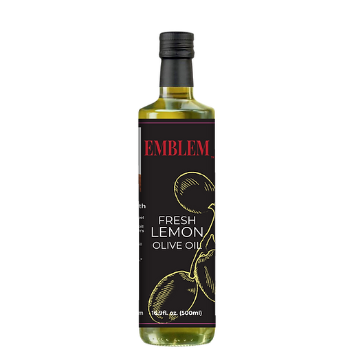 Emblema de aceite de oliva infundido con limón fresco
