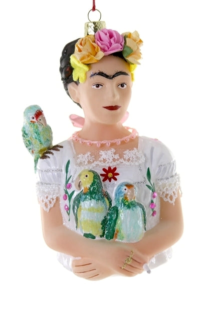 Glasornament: Frida Kahlo mit Papageien